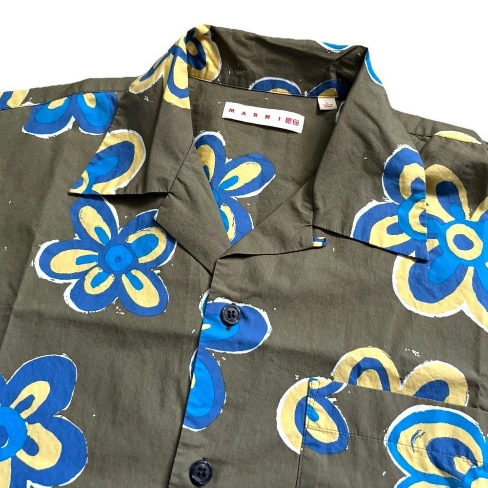 Marni Uniqlo Oversize Floral Camp Collar Short Sleeve Shirt Men L Green Cotton - Picture 3 of 12